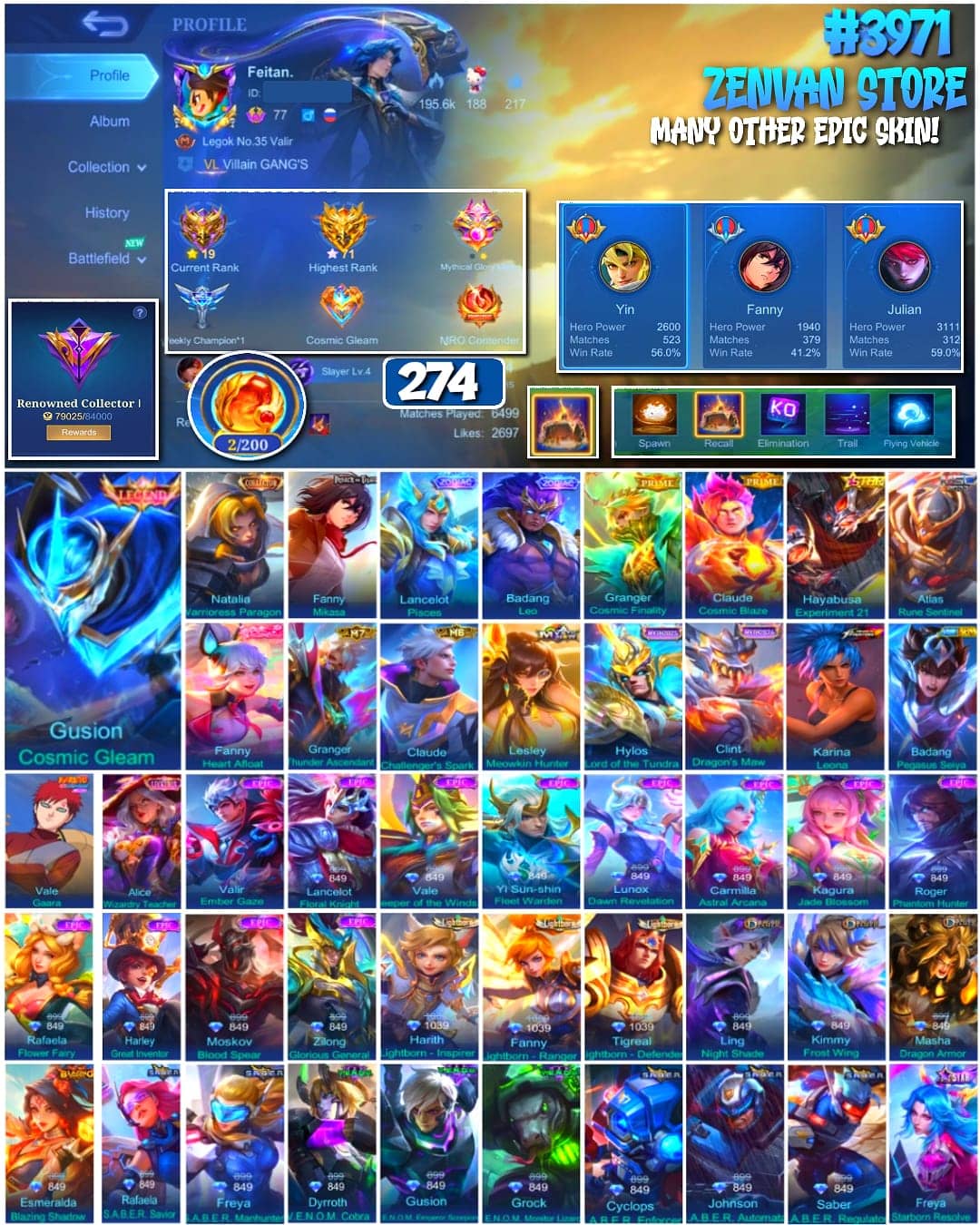 🔥 #3971 🔥 274 Skins 💎 Legend Gusion 👑 Collector Natalia ⚔️ Attack on Titan Mikasa ⭐ Prime Granger & Claude 🌟 KoF Karina 🎯 Many Limited ✨ Many Zodiac 🔱 Many Epic ✅ Safe Account