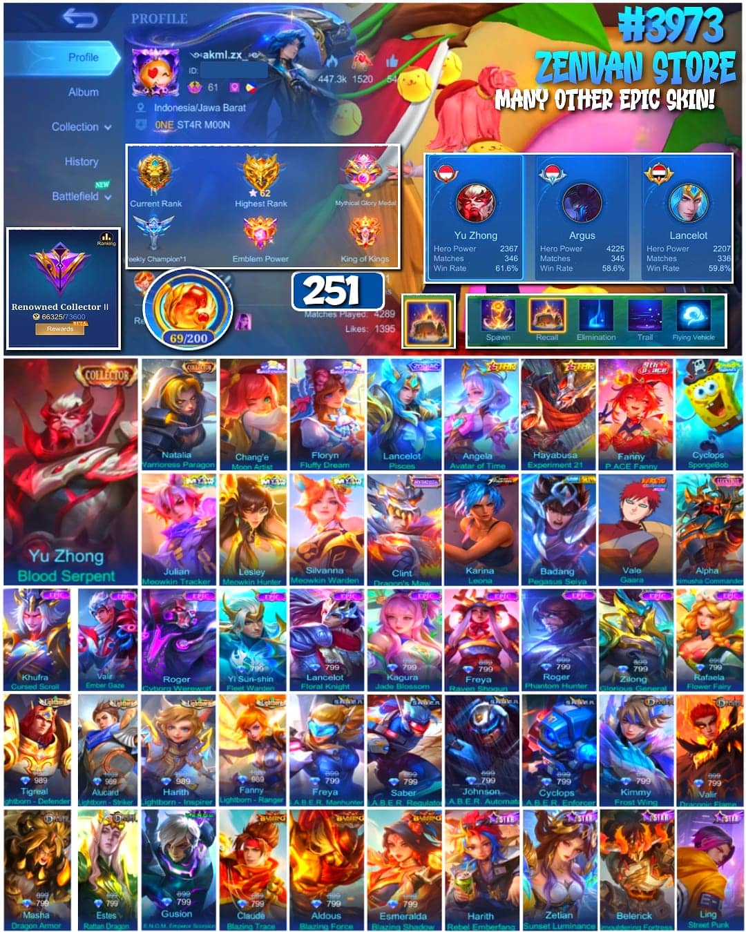 🔥 #3973 🔥 251 Skins 💎 Collector Yu Zhong & Natalia 👑 Sanrio Chang'e & Floryn ⚔️ SpongeBob ⭐ KoF Karina 🌟 Gara 🎯 Many Limited ✨ Many Zodiac 🔱 Many Epic ✅ Safe Account