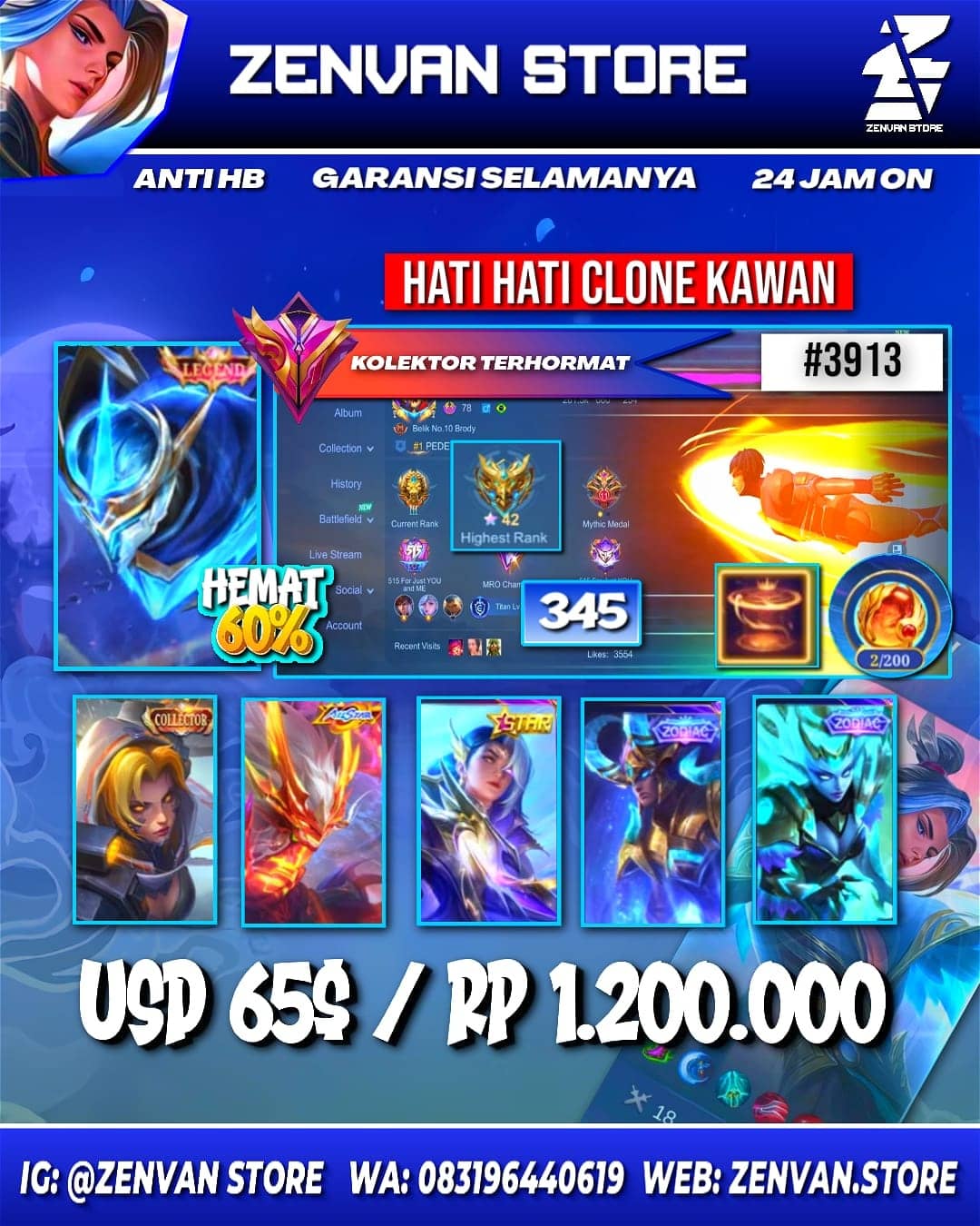 🔥 #3913 🔥 345 Skins 💎 Legend Gusion 👑 Collector Natalia ⚔️ Internal Moskov ⭐ Full Stun 🌟 KoF Karina 🎯 Many Limited ✨ Many Zodiac 🔱 Many Epic ✅ Safe Account