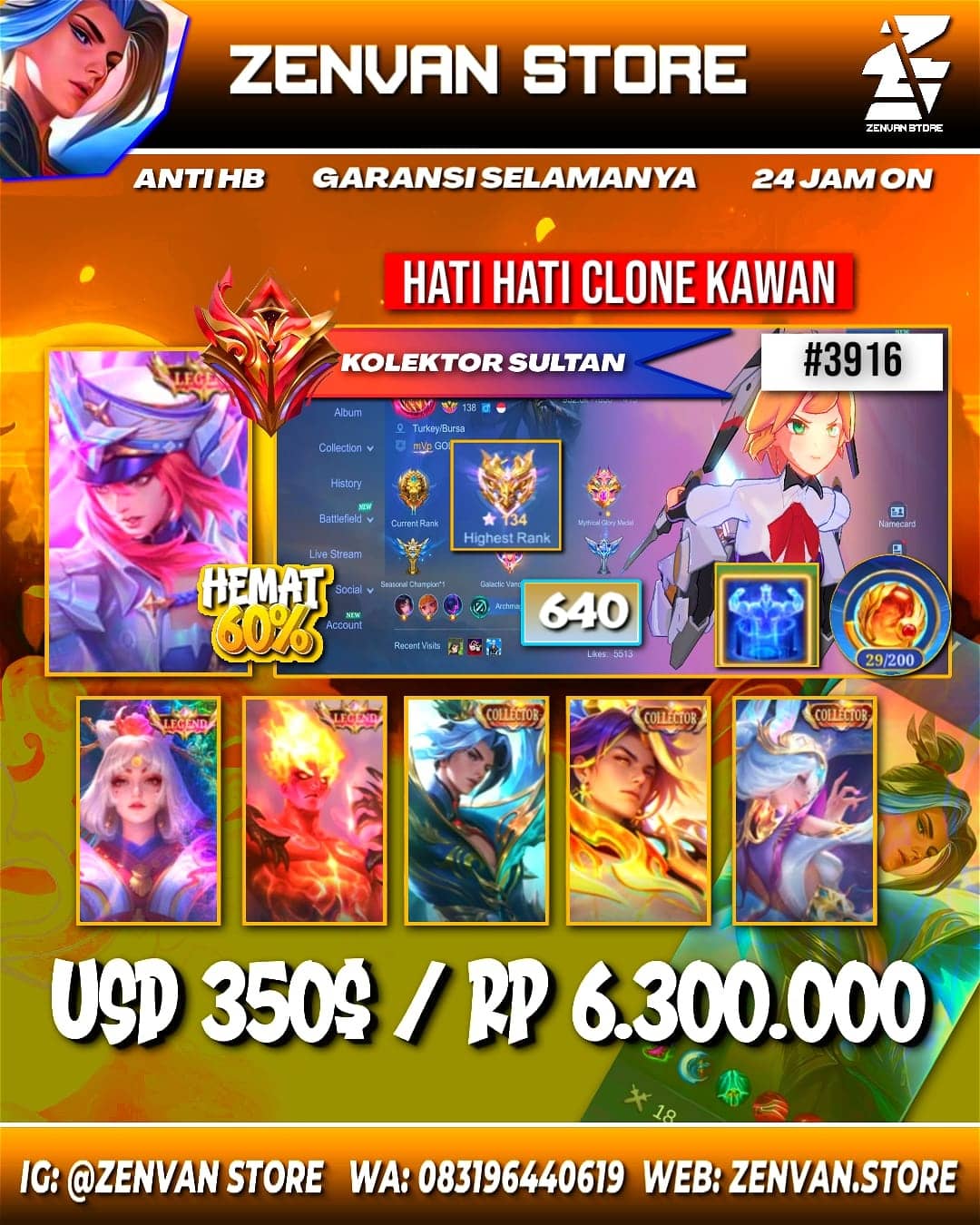 🔥 #3916 🔥 640 Skins 💎 Legend Freya, Lunox & Valir 👑 Collector Ling, Alice, Alloh, Xavier, Floryn, Yin Shun Shin, Layla, Silvana & Natalia ⚔️ Naruto ⭐ Attack on Titan Eren 🌟 Ducati Benedetta 🎯 Aspirant Vexana, Lesley, Layla, Angela, Fanny & Chang'e ✨ Starwars Cyclops & Kimmy 🔱 KoF Chou, Masha, Valir & Aurora 💎 Transformer X Borg & Aldous 👑 Saint Seiya Valir & Badang ⚔️ Full Prime ⭐ Many Limited 🌟 Many Zodiac 🎯 Many Epic ✅ Safe Account