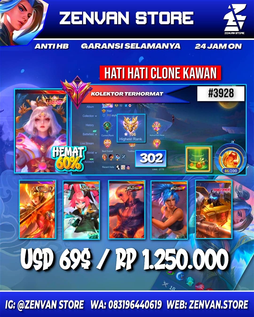 🔥 #3928 🔥 302 Skins 💎 Legend Lunox 👑 Collector Pharsa & Natalia ⚔️ Aspirant Layla ⭐ KoF Gusion & Karina 🌟 Stun Chou 🎯 Transformer Roger ✨ Many Limited 🔱 Many Zodiac 💎 Many Epic ✅ Safe Account