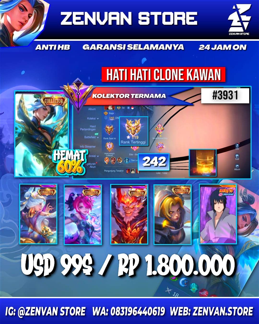 🔥 #3931 🔥 242 Skins 💎 LOGIN GOOGLE ONLY (Moonton Login Mati) 👑 Collector Ling, Alice, Melissa, Sun & Natalia ⚔️ Sasuke ⭐ Vale Gaara 🌟 KoF Karina 🎯 Prime Granger ✨ Transformer Roger 🔱 Many Limited 💎 Many Zodiac 👑 Many Epic ✅ Safe Account