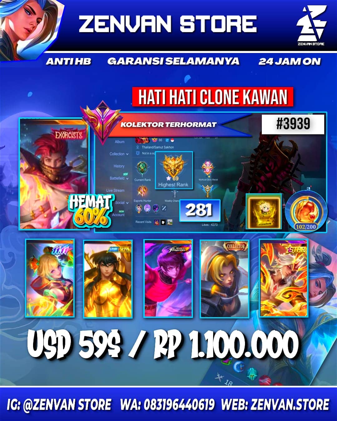 🔥 #3939 🔥 281 Skins 💎 Collector Natalia 👑 Exorcist Granger ⚔️ Saint Seiya Badang & Chou ⭐ KoF Dyroth & Karina 🌟 Vale Gaara 🎯 M-World Wanwan ✨ SpongeBob 🔱 Many Limited 💎 Many Zodiac 👑 Many Epic ✅ Safe Account