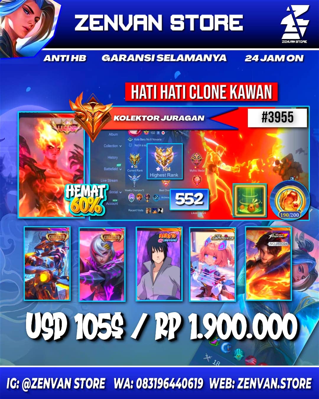 🔥 #3955 🔥 552 Skins 💎 Legend Valir 👑 Collector Yin Shun Shin, Benedetta & Natalia ⚔️ Sasuke ⭐ Aspirant Angela 🌟 KoF Valir, Aurora & Karina 🎯 Transformer Granger & Roger ✨ SpongeBob 🔱 Prime Yu Zhong & Beatrix 💎 Many Limited 👑 Many Zodiac ⚔️ Many Epic ✅ Safe Account