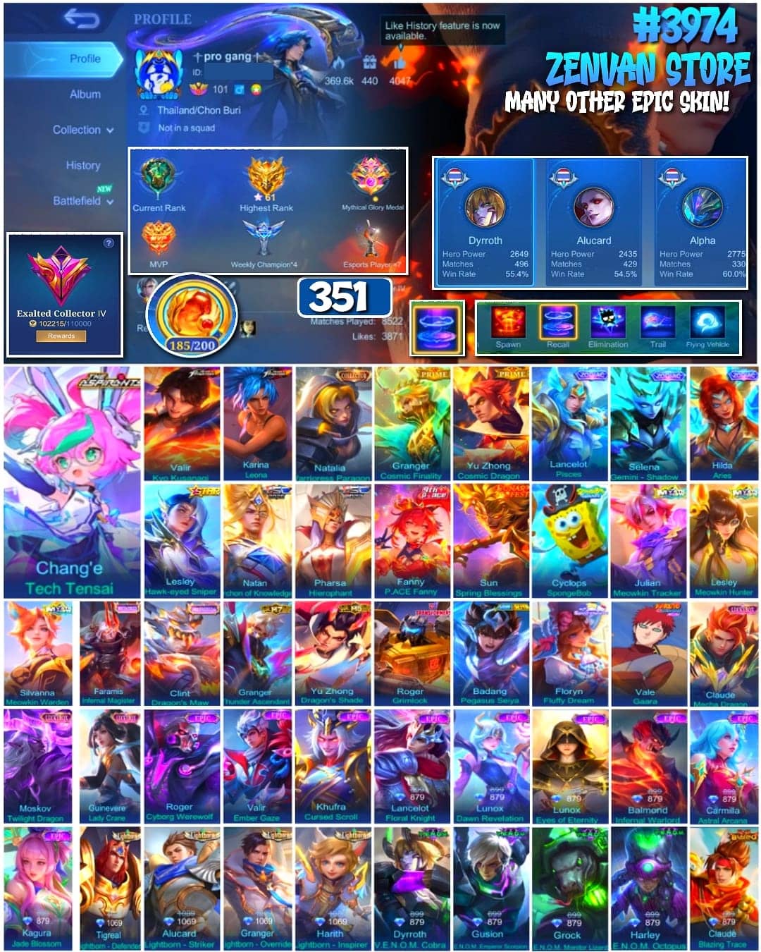🔥 #3974 🔥 351 Skins 💎 Exalted Collector IV 👑 Collector Natalia ⚔️ Prime Granger & Yu Zhong ⭐ KOF Valir & Karina 🌟 Zodiac Lancelot, Selena, Hilda ✅