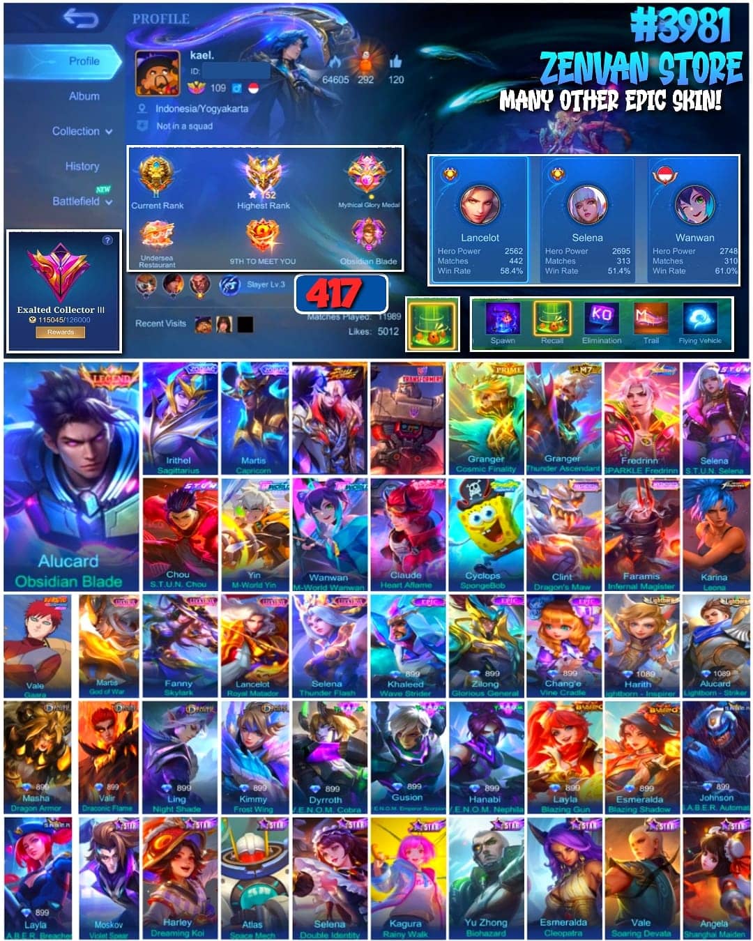 🔥 #3981 🔥 417 Skins 💎 Exalted Collector III 👑 Legend Skin ⚔️ Transformers Megatron ⭐ Zodiac Irithel & Martis 🌟 Prime Granger 🎯 M7 Granger ✅