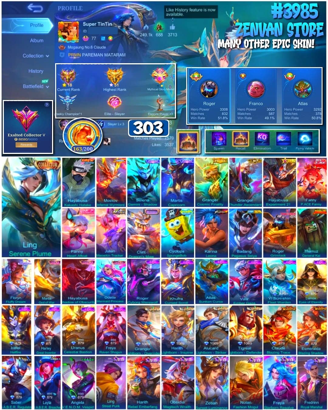 🔥 #3985 🔥 303 Skins 💎 Exalted Collector V 👑 Collector Skin ⚔️ Naruto Hayabusa Kakashi ⭐ Zodiac Selena & Martis 🌟 Prime Granger 🎯 M7 Granger ✅