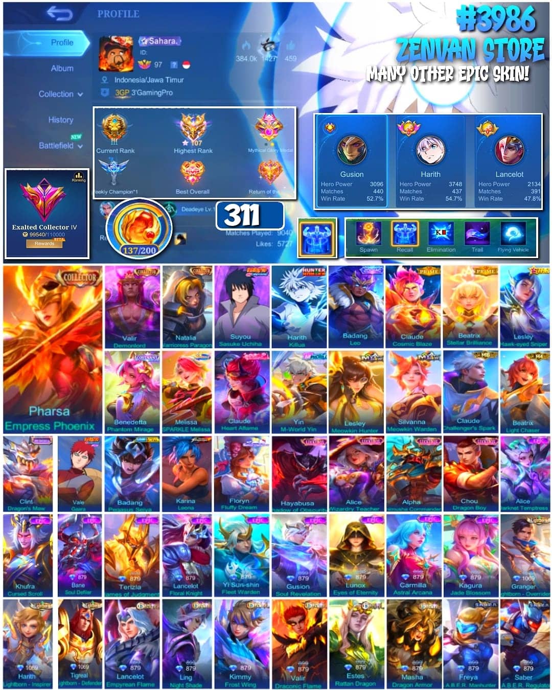 🔥 #3986 🔥 311 Skins 💎 Exalted Collector IV 👑 Collector Valir Demonlord ⚔️ Collector Natalia ⭐ Naruto Sasuke 🌟 Hunter x Hunter Harith Killua ✅