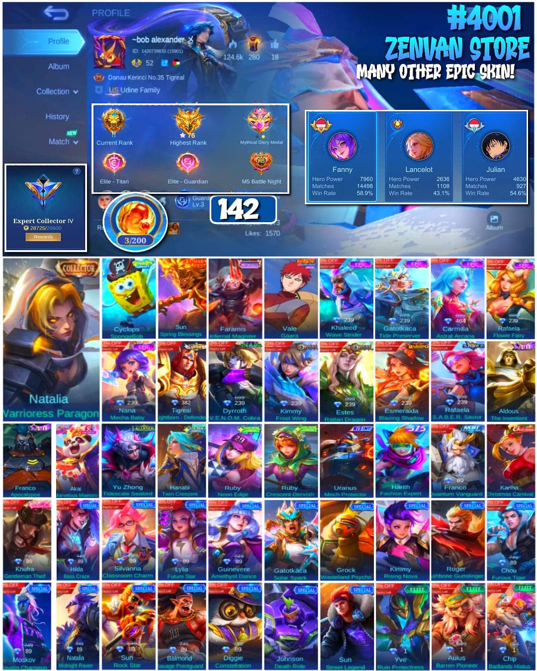 Photo of ML account 🔥 #4001 🔥 142 Skins 💎 Expert Collector IV 👑 Collector Natalia Warrioress Paragon ⚔️ SpongeBob Cyclops ⭐ Naruto Vale Gaara 🌟 Mythical Glory 76 Stars 🎯 Fanny 58.9% WR ✅ Safe Account - image 1