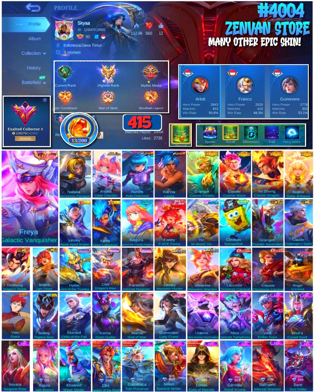 Photo of ML account 🔥 #4004 🔥 415 Skins 💎 Exalted Collector II 👑 Legend Freya Galactic Vanquisher ⚔️ King of Fighters Aurora & Karina ⭐ Naruto Vale Gaara 🌟 Transformers Roger Grimlock 🎯 SpongeBob Cyclops ✨ Mythic 100 Star Highest Rank ✅ Safe Account - image 1