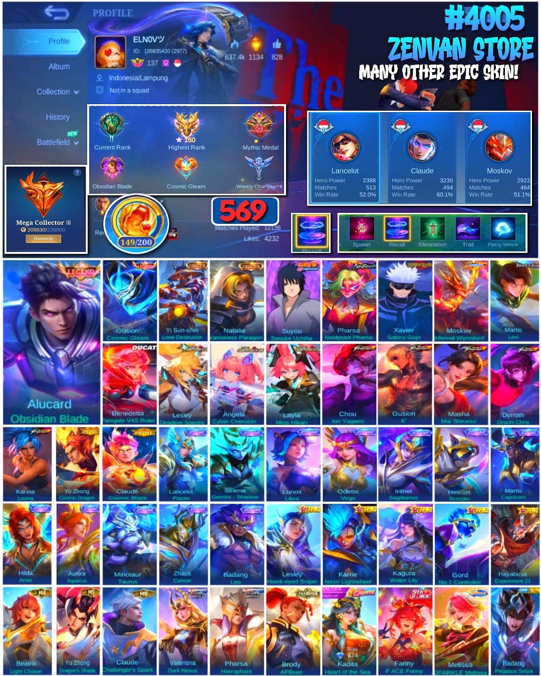 Photo of ML account 🔥 #4005 🔥 569 Skins 💎 Mega Collector III 👑 Legend Alucard Obsidian Blade ⚔️ Legend Gusion Cosmic Gleam ⭐ Collector Yi Sun-shin & Natalia 🌟 Naruto Sasuke, Attack on Titan Levi & Jujutsu Kaisen Satoru Gojo 🎯 5 King of Fighters Skins 🔱 Mythic 160 Stars ✅ Safe Account - image 1