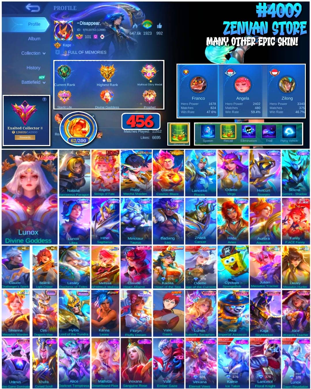Photo of ML account 🔥 #4009 🔥 456 Skins 💎 Exalted Collector II 👑 Legend Lunox Divine Goddess ⚔️ King of Fighters Karina Leona ⭐ Naruto Vale Gaara 🌟 SpongeBob Cyclops 🎯 11 Zodiac Skins ✨ Mythical Glory 65 Stars ✅ Safe Account - image 1