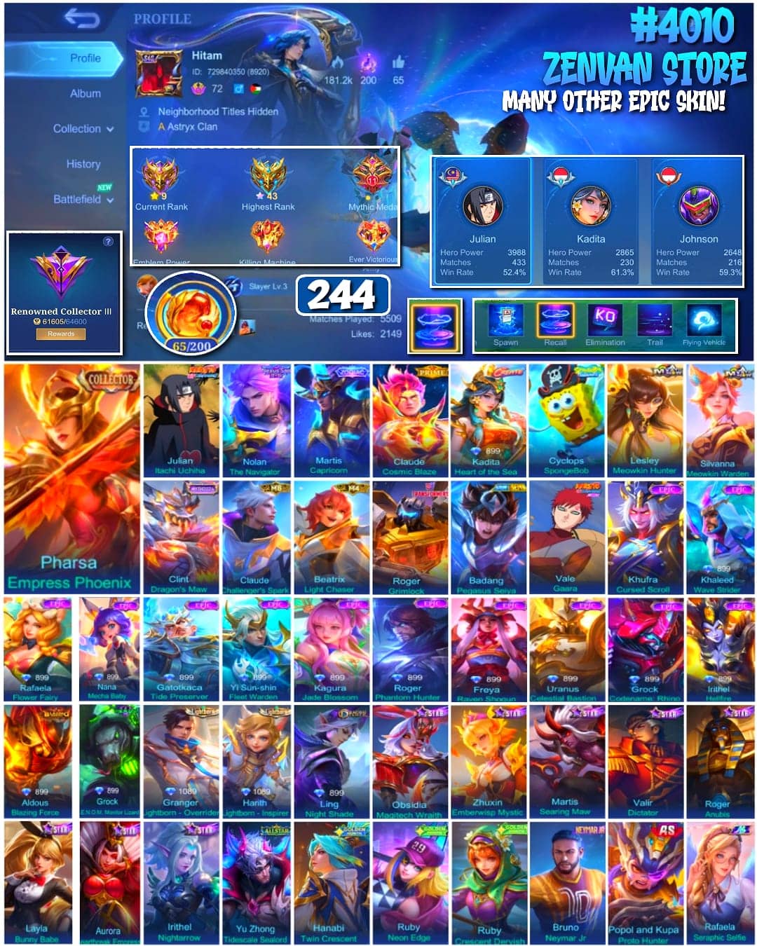 Foto akun ML 🔥 #4010 🔥 244 Skins 💎 Collector Pharsa Empress Phoenix 👑 Renowned Collector III ⚔️ Naruto Itachi + Gaara ⭐ Transformers Roger Grimlock 🌟 Saint Seiya Badang 🎯 Neymar Jr Bruno ✨ SpongeBob Cyclops 🔱 Prime Claude Cosmic Blaze 💎 Highest Rank 43 Stars ✅ Safe Account - gambar 1