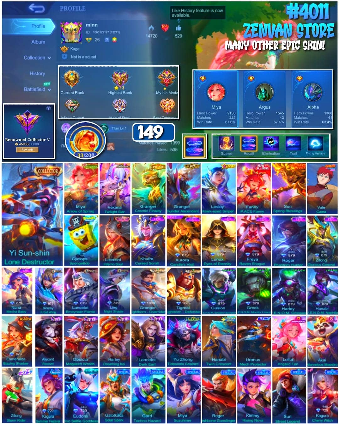 Foto akun ML 🔥 #4011 🔥 149 Skins 💎 Collector Yi Sun-shin Lone Destructor 👑 Renowned Collector V ⚔️ 4 V.E.N.O.M. Skins ⭐ Naruto Gaara 🌟 Prime Granger Cosmic Finality 🎯 Lightborn Granger + Tigreal ✨ SpongeBob Cyclops 🔱 Miya Main 67% Win Rate ✅ Safe Account - gambar 1