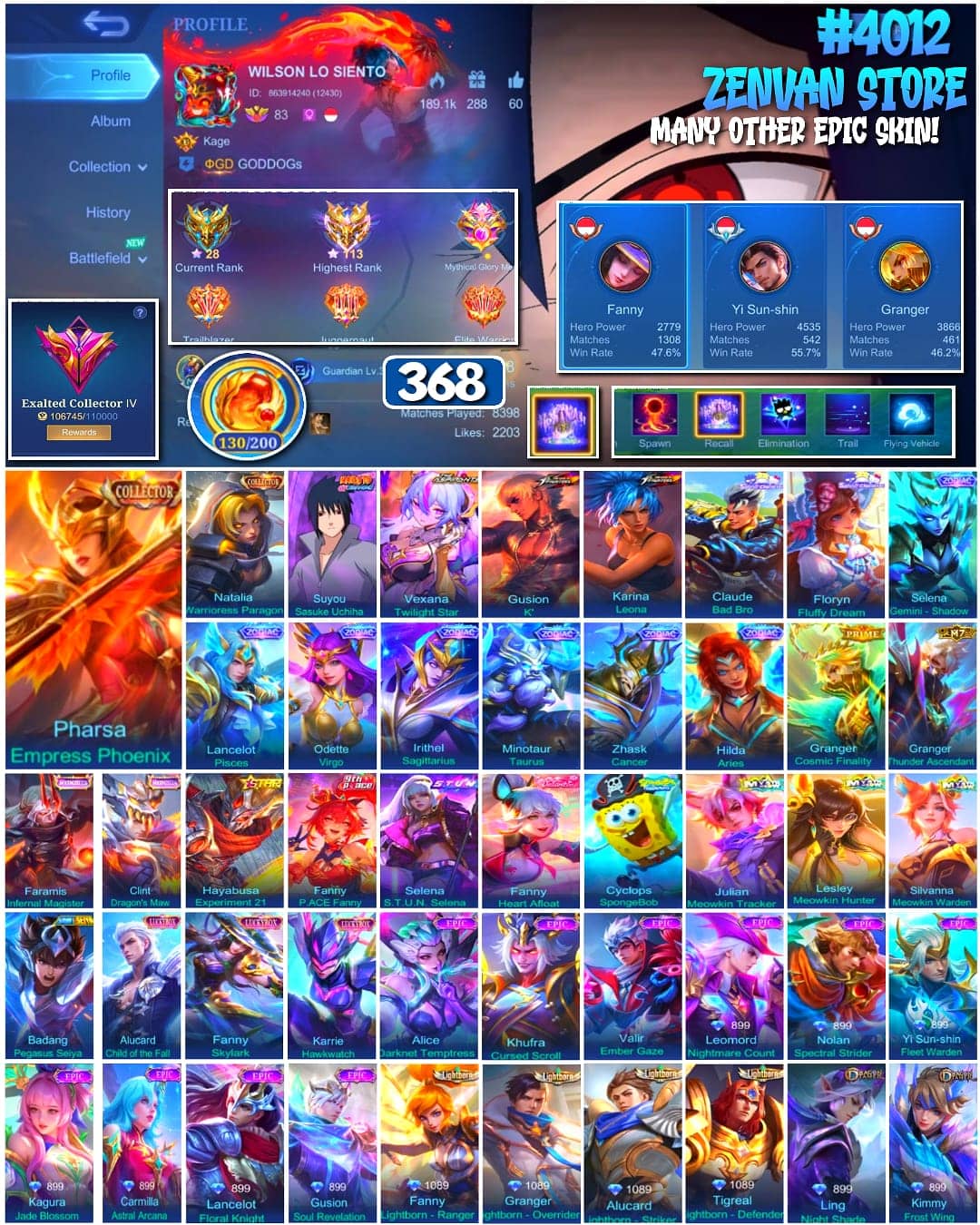 Foto akun ML 🔥 #4012 🔥 368 Skins 💎 2 Collector Skins Pharsa + Natalia 👑 Exalted Collector IV ⚔️ King of Fighters K' + Leona ⭐ Naruto Sasuke Uchiha 🌟 7 Zodiac Skins 🎯 Prime Granger Cosmic Finality ✨ 4 Lightborn Skins 🔱 Fanny Main 1308 Matches 💎 Highest Rank 113 Stars ✅ Safe Account - gambar 1