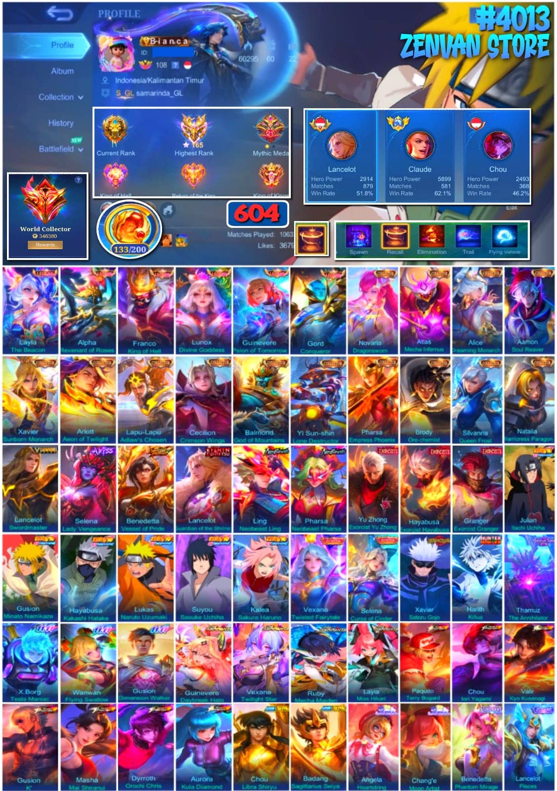 Foto akun ML 🔥 #4013 🔥 604 Skins 💎 WORLD COLLECTOR 👑 14 Collector Skins ⚔️ 6 Legend Skins ⭐ Full Naruto Set 6 Skins 🌟 7 King of Fighters Skins 🎯 Jujutsu Kaisen Satoru Gojo ✨ Hunter x Hunter Killua 🔱 Demon Slayer Lancelot Guardian of the Shrine 💎 Saint Seiya Shiryu + Seiya 👑 Neobeast Ling + Pharsa ⚔️ Highest Rank 165 Stars ✅ Safe Account - gambar 1