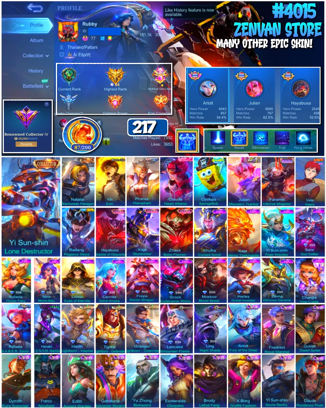 Foto akun ML 🔥 #4015 🔥 217 Skins 💎 Collector Yi Sun-shin Lone Destructor 👑 Renowned Collector IV ⚔️ Attack on Titan Yin Eren ⭐ Natalia Warrioress Paragon 🌟 Naruto Gaara 🎯 Saint Seiya Badang ✨ SpongeBob Cyclops 🔱 MSC Pharsa Hierophant 💎 Highest Rank 64 Stars ✅ Safe Account - gambar 1