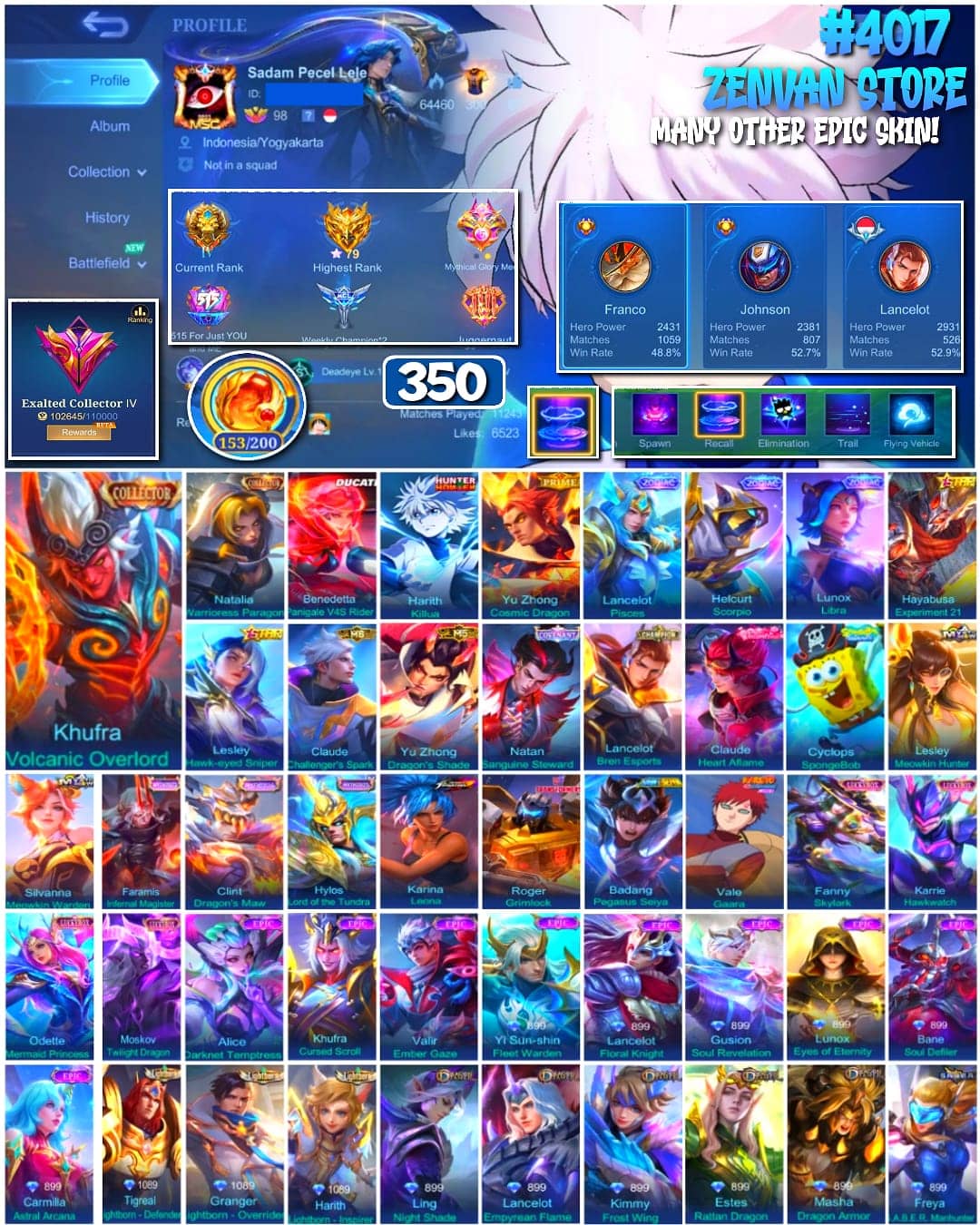 Foto akun ML 🔥 #4017 🔥 350 Skins 💎 Collector Khufra Volcanic Overlord 👑 Exalted Collector IV ⚔️ Hunter x Hunter Killua ⭐ Ducati Benedetta Panigale V4S Rider 🌟 Transformers Roger Grimlock 🎯 Naruto Gaara ✨ Saint Seiya Badang 🔱 3 Zodiac Skins 💎 Prime Yu Zhong Cosmic Dragon 👑 Highest Rank 79 Stars ✅ Safe Account - gambar 1