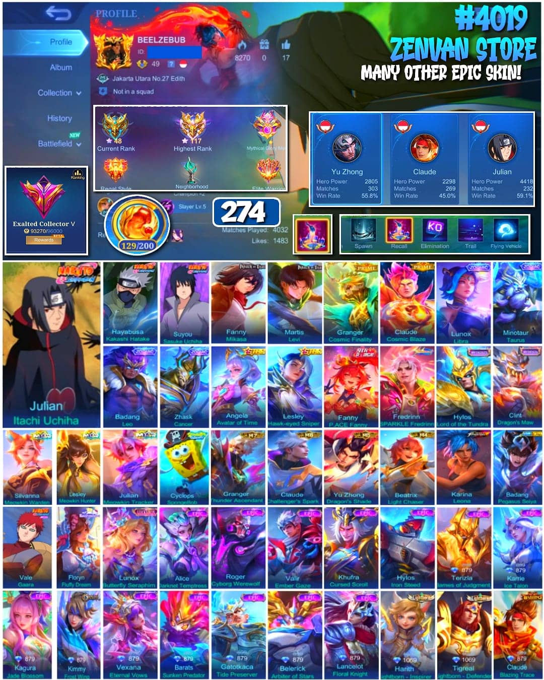 Foto akun ML 🔥 #4019 🔥 274 Skins 💎 Naruto Itachi + Kakashi + Sasuke 👑 Exalted Collector V ⚔️ Attack on Titan Mikasa + Levi ⭐ 4 Zodiac Skins 🌟 2 Prime Skins Granger + Claude 🎯 Full M-Series M4 to M7 ✨ Full Meowkin Set 🔱 SpongeBob Cyclops 💎 Highest Rank 117 Stars ✅ Safe Account - gambar 1