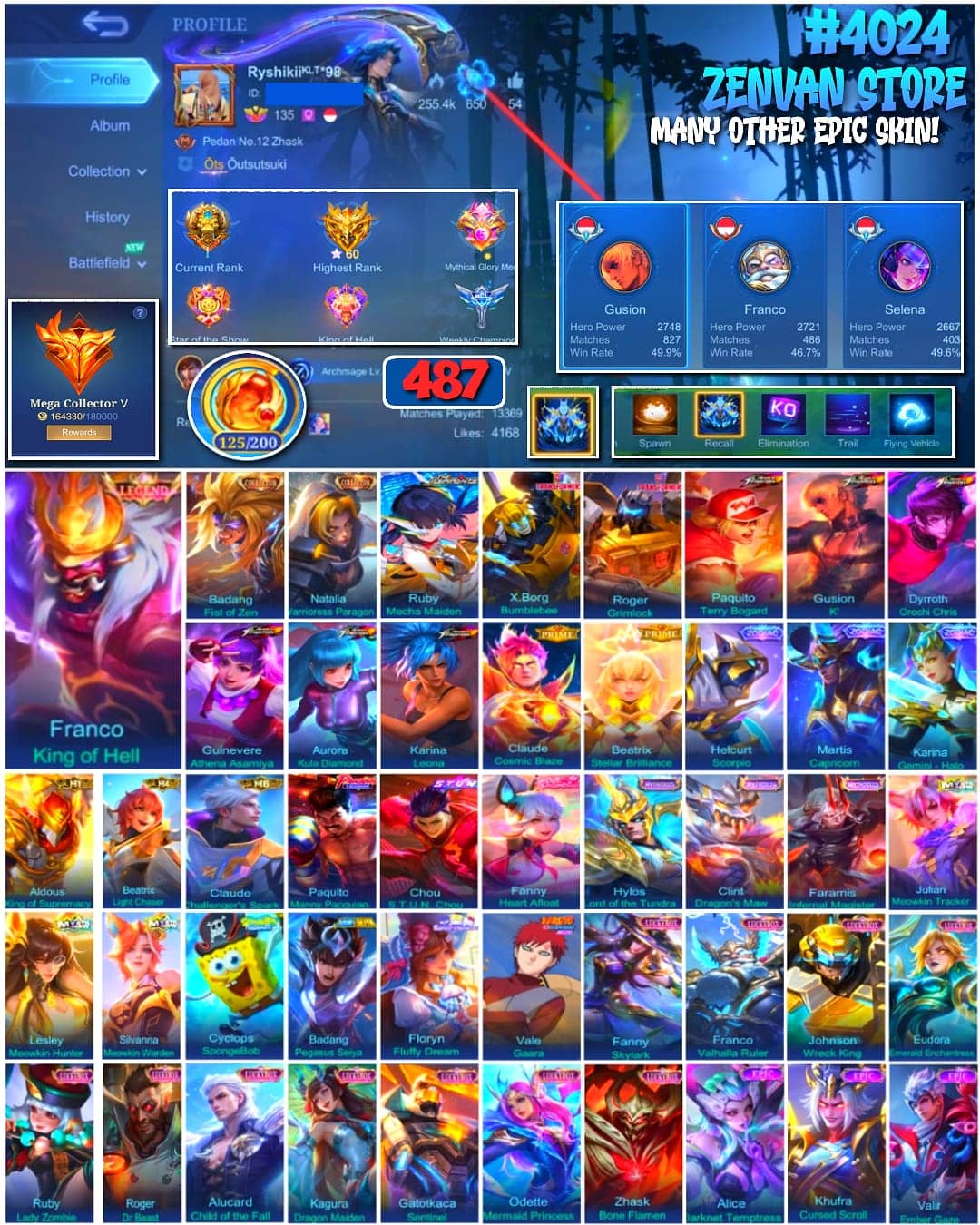 Foto akun ML 🔥 #4024 🔥 487 Skins 💎 Legend Franco King of Hell 👑 Mega Collector V ⚔️ 6 King of Fighters Skins ⭐ Transformers Bumblebee + Grimlock 🌟 Manny Pacquiao Paquito 🎯 Collector Badang Fist of Zen ✨ Full Meowkin Set 🔱 M1 Aldous King of Supremacy 💎 Highest Rank 60 Stars ✅ Safe Account - gambar 1