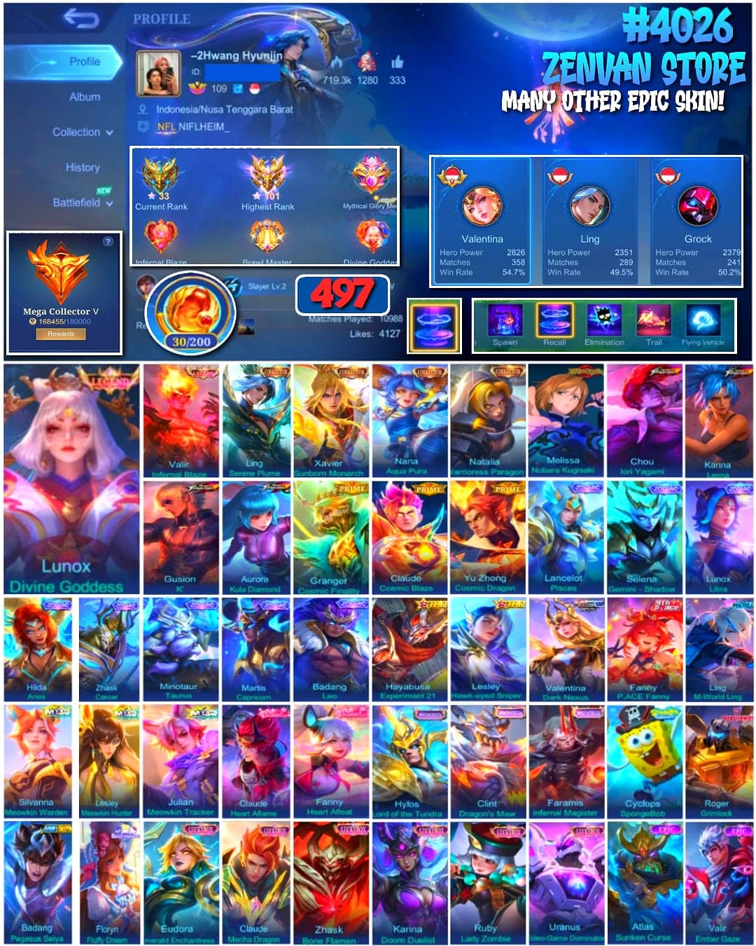 Foto akun ML 🔥 #4026 🔥 497 Skins 💎 2 Legend Skins Lunox Divine Goddess + Valir Infernal Blaze 👑 Mega Collector V ⚔️ Jujutsu Kaisen Nobara Kugisaki ⭐ 4 King of Fighters Skins 🌟 Collector Ling Serene Plume + Xavier Sunborn Monarch 🎯 8 Zodiac Skins ✨ 3 Prime Skins 🔱 Transformers Roger Grimlock 💎 Highest Rank 101 Stars ✅ Safe Account - gambar 1