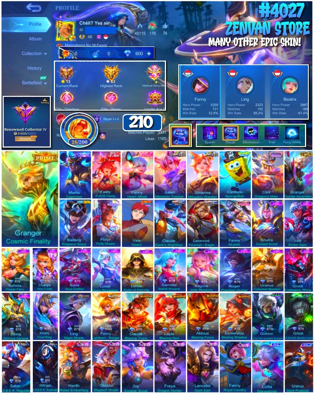Foto akun ML 🔥 #4027 🔥 210 Skins 💎 Prime Granger Cosmic Finality 👑 Renowned Collector IV ⚔️ SpongeBob Cyclops ⭐ Naruto Gaara 🌟 Saint Seiya Badang 🎯 Zodiac Martis Capricorn ✨ 2 MSC Skins Claude + Leomord 🔱 Granger Thunder Ascendant 💎 Highest Rank 63 Stars ✅ Safe Account - gambar 1