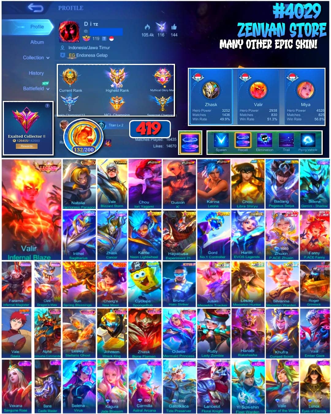 Foto akun ML 🔥 #4029 🔥 419 Skins 💎 Legend Valir Infernal Blaze 👑 Exalted Collector II ⚔️ Collector Natalia Warrioress Paragon ⭐ 3 King of Fighters Skins Iori + K' + Leona 🌟 Saint Seiya Shiryu + Seiya 🎯 3 Zodiac Skins ✨ SpongeBob Cyclops 🔱 Neymar Jr Bruno 💎 Highest Rank 120 Stars ✅ Safe Account - gambar 1