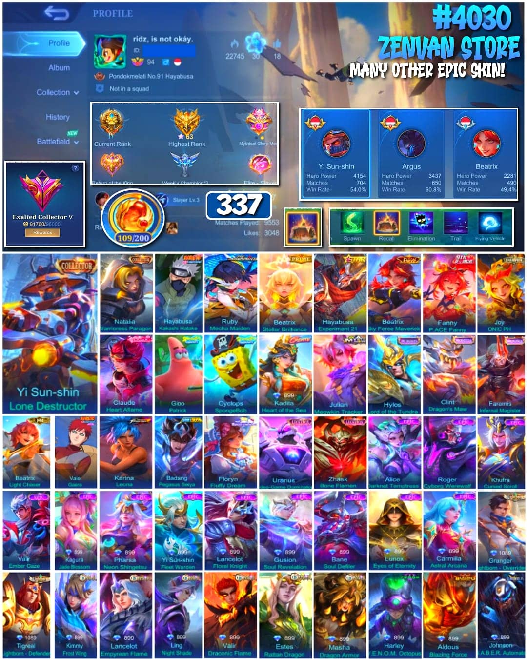 Foto akun ML 🔥 #4030 🔥 337 Skins 💎 2 Collector Skins Yi Sun-shin Lone Destructor + Natalia 👑 Exalted Collector V ⚔️ Naruto Kakashi + Gaara ⭐ Prime Beatrix Stellar Brilliance 🌟 SpongeBob Cyclops + Gloo Patrick 🎯 Kadita Heart of the Sea ✨ Joy ONIC PH 🔱 Highest Rank 63 Stars ✅ Safe Account - gambar 1