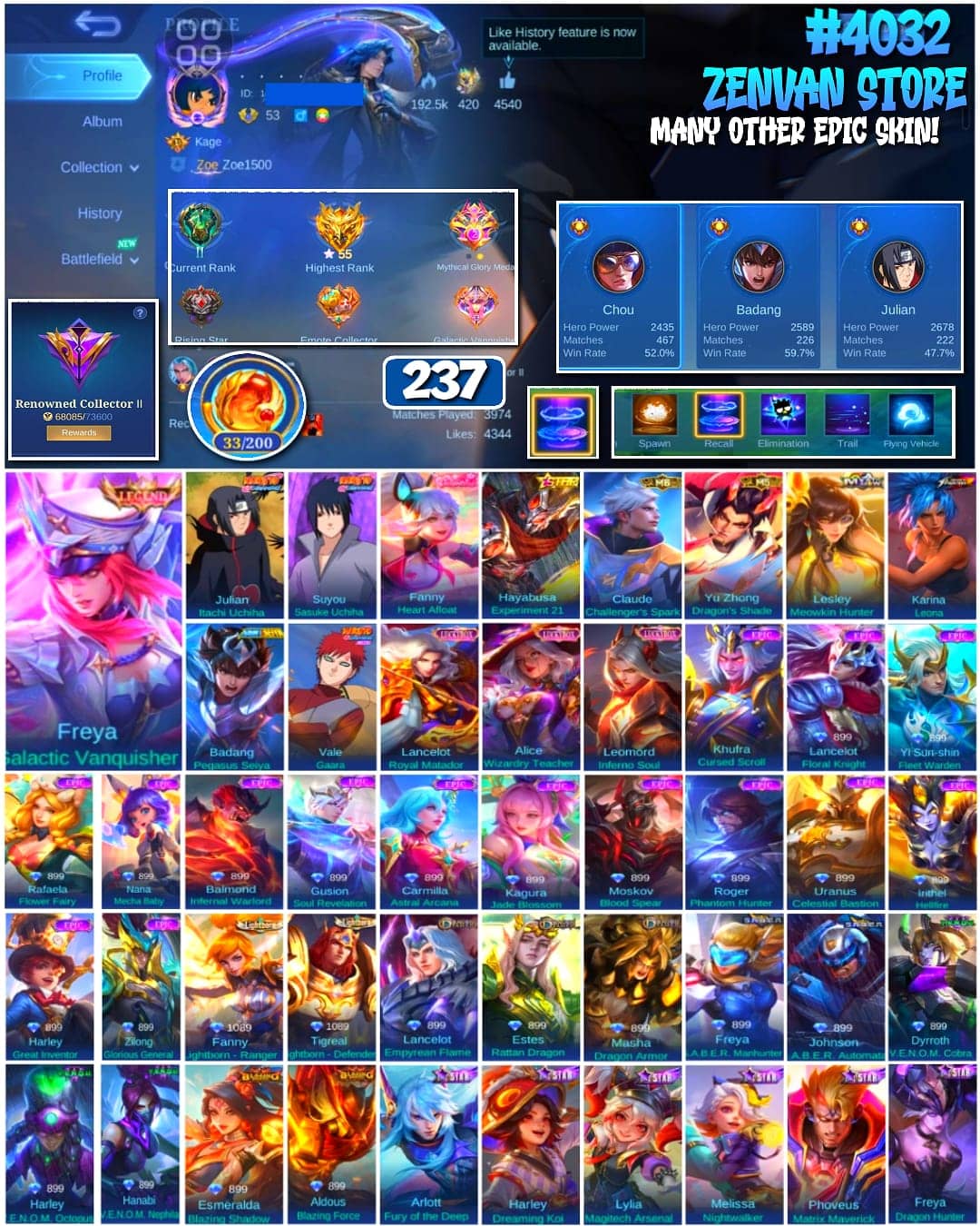 Foto akun ML 🔥 #4032 🔥 237 Skins 💎 Legend Freya Galactic Vanquisher 👑 Renowned Collector II ⚔️ Naruto Itachi + Sasuke + Gaara ⭐ King of Fighters Karina Leona 🌟 Saint Seiya Badang 🎯 M6 Claude Challenger's Spark ✨ M5 Yu Zhong Dragon's Shade 🔱 Highest Rank 55 Stars ✅ Safe Account - gambar 1
