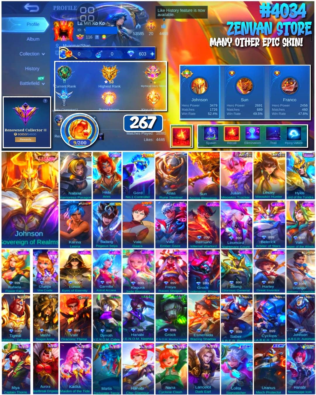 Foto akun ML 🔥 #4034 🔥 267 Skins 💎 Legend Johnson Sovereign of Realms 👑 Renowned Collector III ⚔️ Collector Natalia Warrioress Paragon ⭐ King of Fighters Karina Leona 🌟 Naruto Gaara 🎯 Saint Seiya Badang ✨ Zodiac Hilda Aries 🔱 MSC Atlas Rune Sentinel 💎 Highest Rank 53 Stars ✅ Safe Account - gambar 1