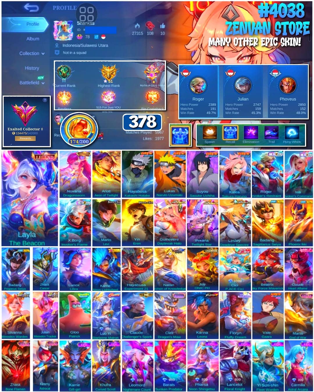 Foto akun ML 🔥 #4038 🔥 378 Skins 💎 EXALTED COLLECTOR II 👑 2 Collector Skins Novaria Dragonsworn + Arlott Aeon of Twilight ⚔️ Legend Layla The Beacon ⭐ 5 Naruto Skins Kakashi + Naruto + Sasuke + Sakura + Gaara 🌟 2 Attack on Titan Skins Martis Levi + Yin Eren 🎯 3 Saint Seiya Skins Sagittarius Seiya + Phoenix Ikki + Pegasus Seiya ✨ 3 Metal Zero Invoker Skins Roger + Ixia + X.Borg ✅ Safe Account - gambar 1
