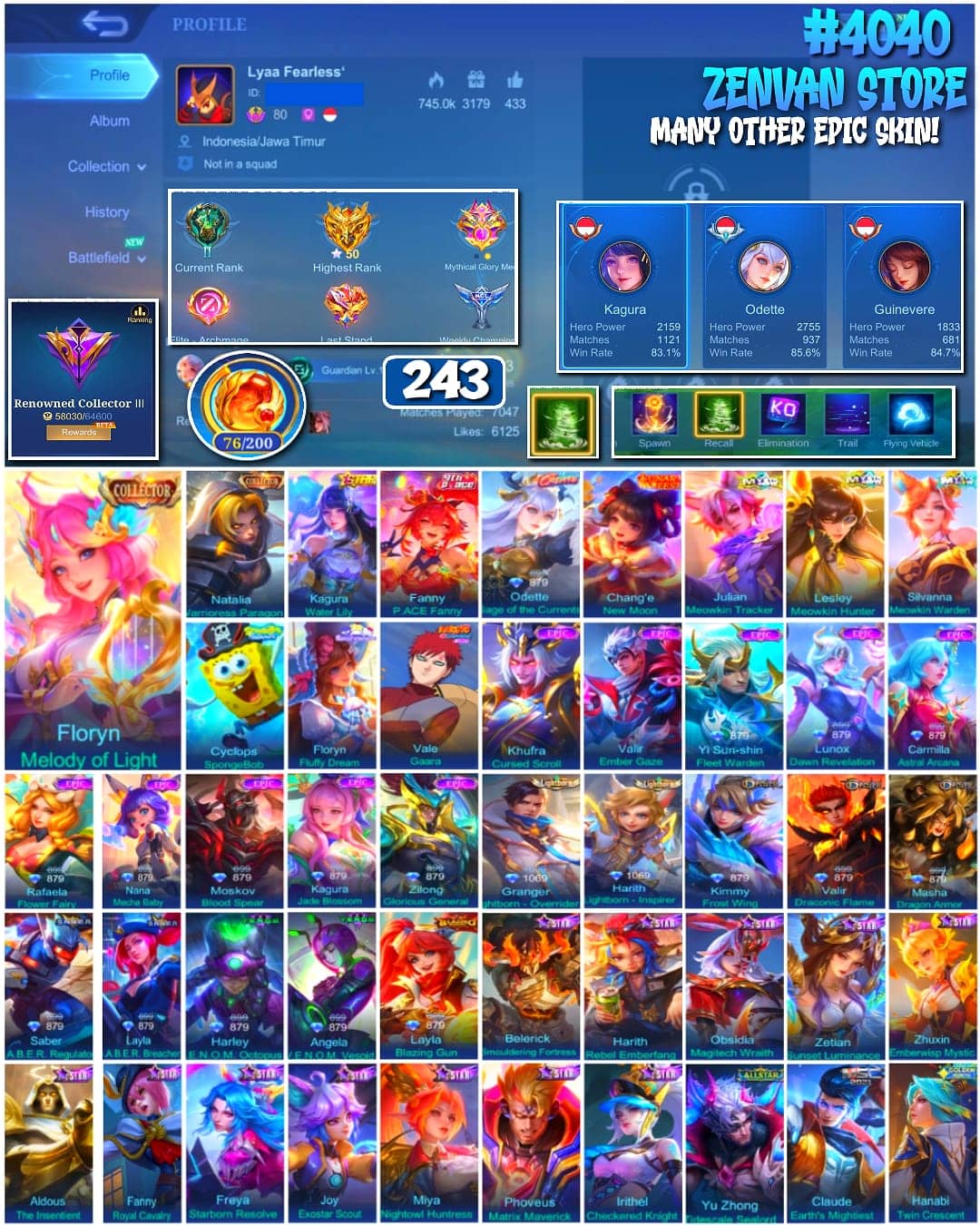 Foto akun ML 🔥 #4040 🔥 243 Skins 💎 RENOWNED COLLECTOR III 👑 2 Collector Skins Floryn Melody of Light + Natalia Warrioress Paragon ⚔️ Naruto Vale Gaara ⭐ SpongeBob Cyclops 🌟 2 Fanny Skins P.ACE Fanny + Royal Cavalry 🎯 Angela V.E.N.O.M. Vespid ✨ MSC Claude Earths Mightiest ✅ Safe Account - gambar 1
