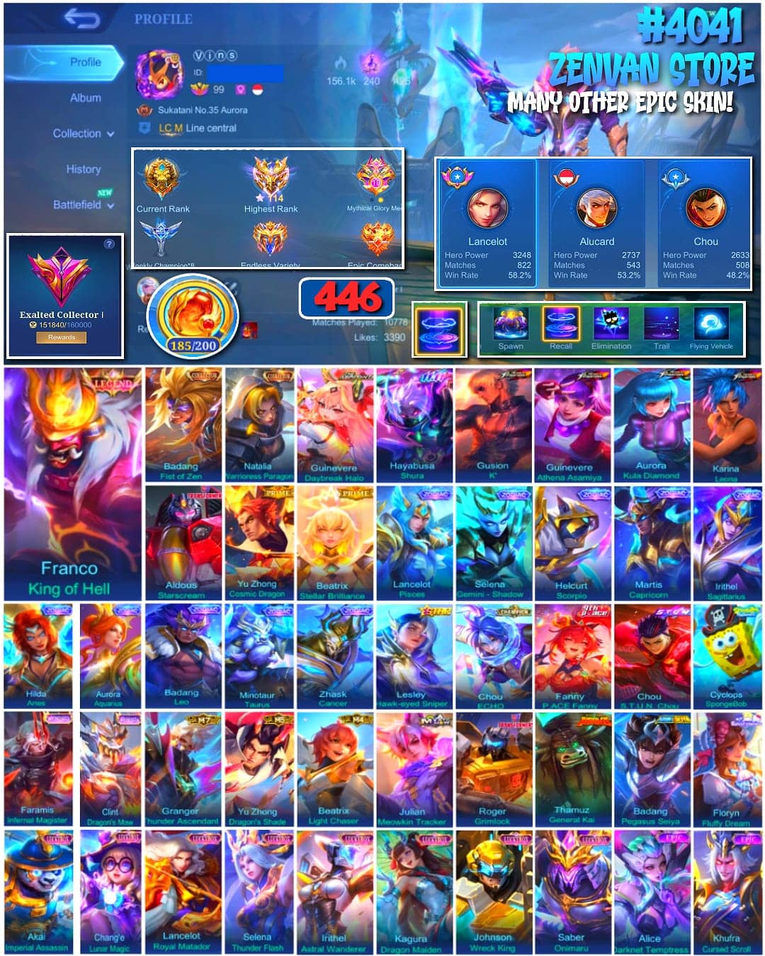 Foto akun ML 🔥 #4041 🔥 446 Skins 💎 EXALTED COLLECTOR I 👑 Legend Franco King of Hell ⚔️ 2 Collector Skins Badang Fist of Zen + Natalia Warrioress Paragon ⭐ 4 King of Fighters Skins Gusion K + Guinevere Athena Asamiya + Aurora Kula Diamond + Karina Leona 🌟 10 Zodiac Skins ✅ Safe Account - gambar 1