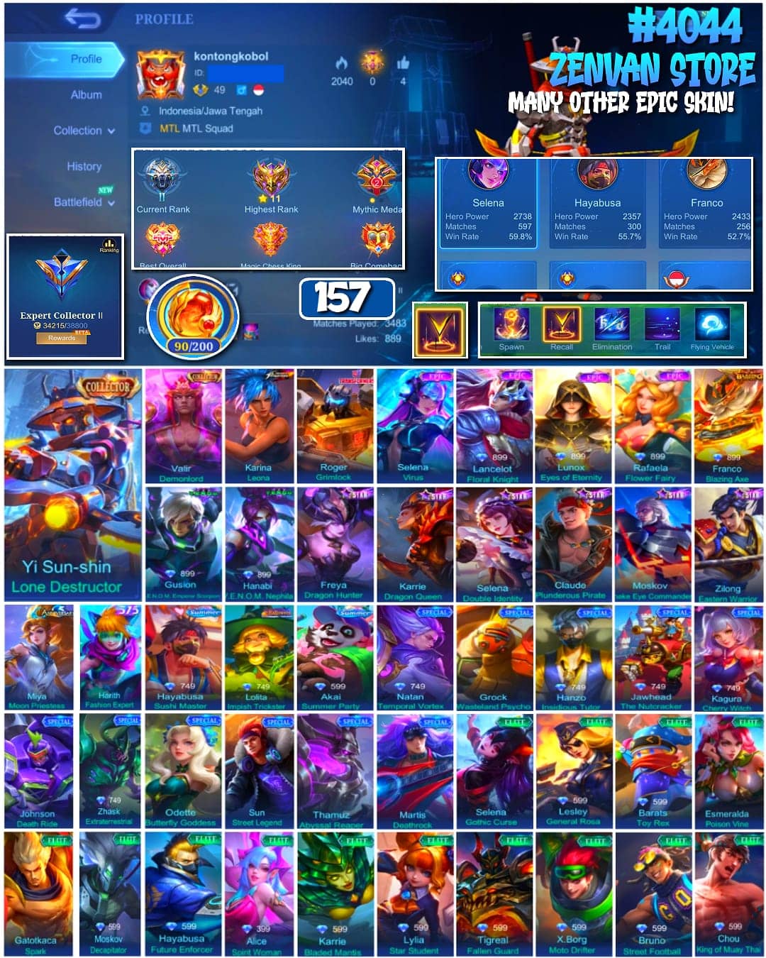 Foto akun ML 🔥 #4044 🔥 157 Skins 💎 EXPERT COLLECTOR II 👑 2 Collector Skins Yi Sun-shin Lone Destructor + Valir Demonlord ⚔️ King of Fighters Karina Leona ⭐ Transformers Roger Grimlock 🌟 2 V.E.N.O.M. Skins Gusion Emperor Scorpion + Hanabi Nephila 🎯 Lancelot Floral Knight ✅ Safe Account - gambar 1