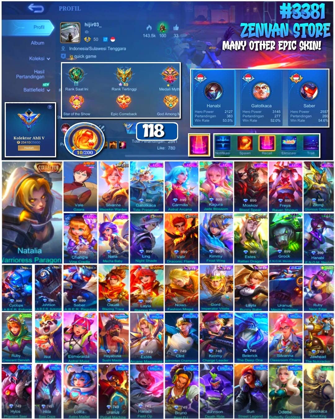 🔥 #3381 🔥 118 Skins 💎 Collector Natalia 👑 Gusion (Rare/Gacha) ⚔️ Many Epic ✅