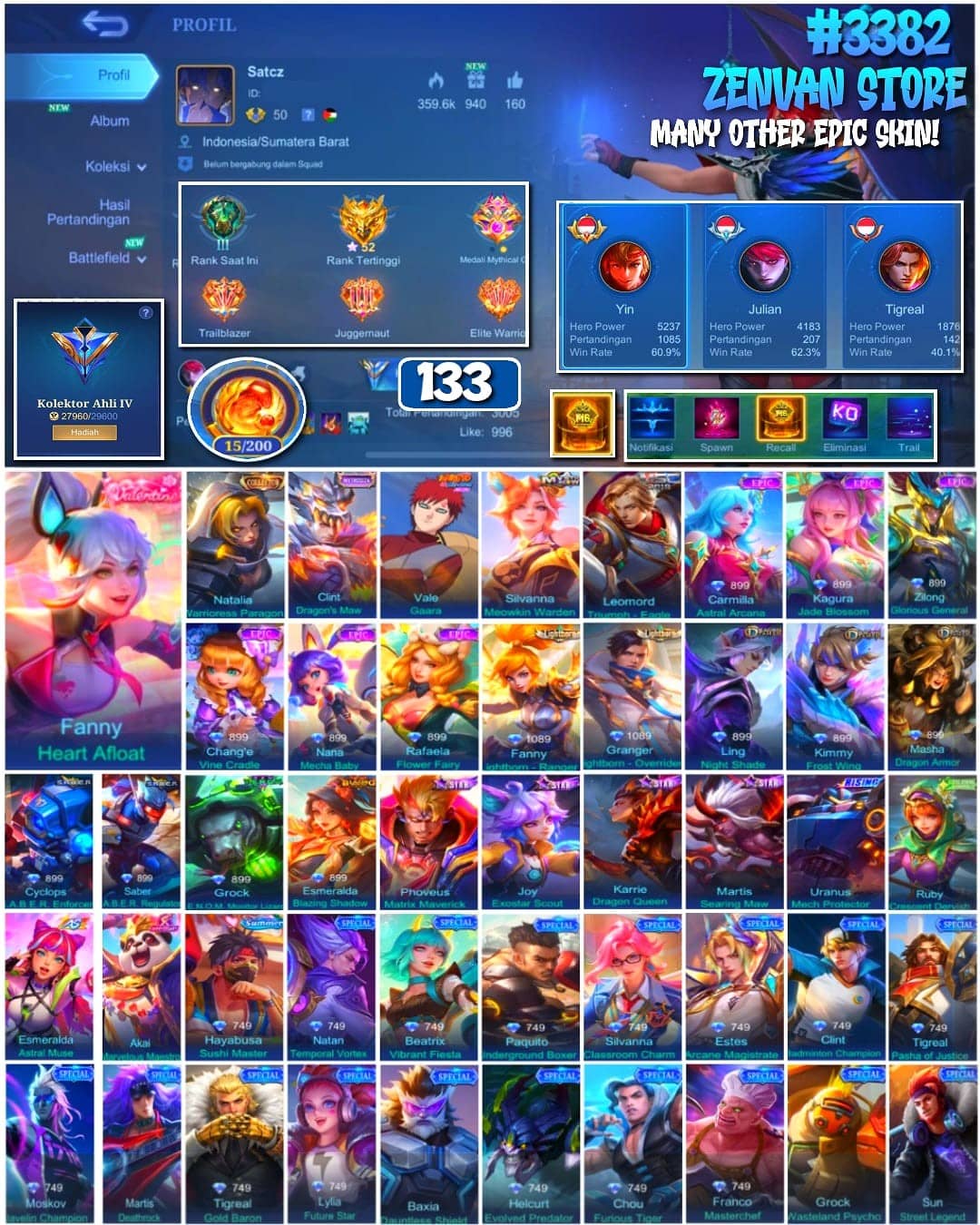 🔥 #3382 🔥 133 Skins 💎 Collector Natalia 👑 Gusion (Rare/Gacha) ⚔️ Many Epic ✅