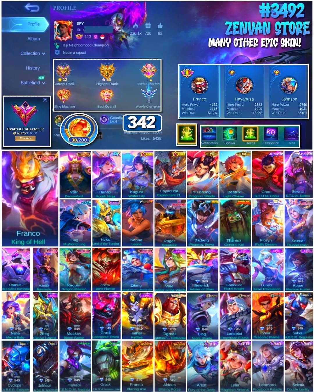🔥 #3492 🔥 342 Skins 💎 Legend Franco 👑 Collector Valir ⚔️ Stun Selena & Chou ⭐ M-World Ling 🌟 Many Limited 🎯 Many Epic ✅
