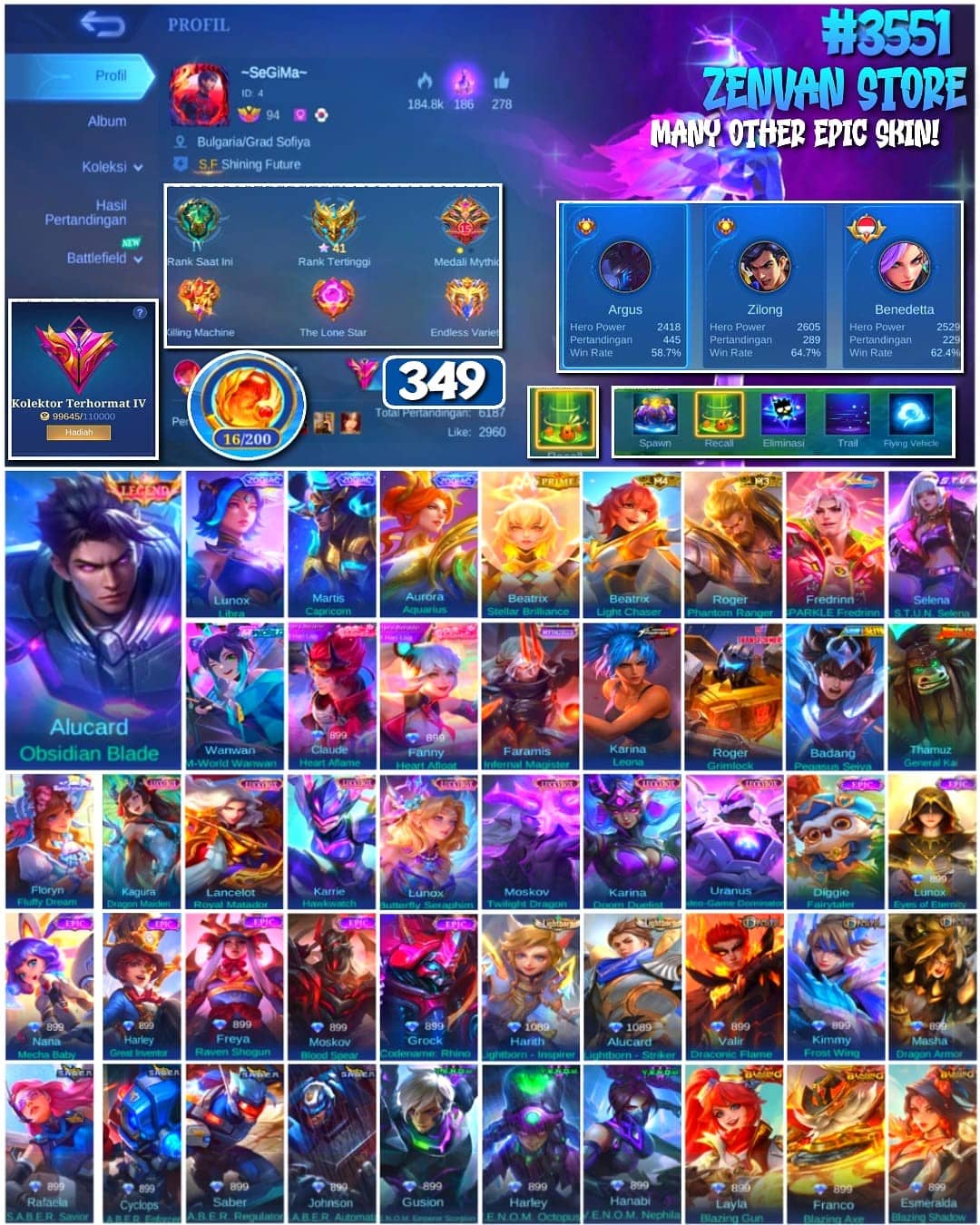 🔥 #3551 🔥 349 Skins 💎 Legend Alucard 👑 Prime Beatrix ⚔️ M-World Wanwan ⭐ Stun Selena 🌟 Many Limited 🎯 Many Zodiacs ✨ Many Epic ✅