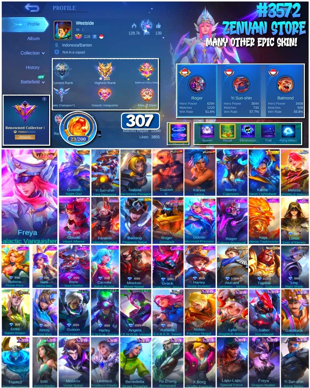 🔥 #3572 🔥 307 Skins 💎 Legend Freya 👑 Collector Gusion, YSS & Natalia ⚔️ KoF Gusion & Karina ⭐ Many Limited 🌟 Many Epic ✅