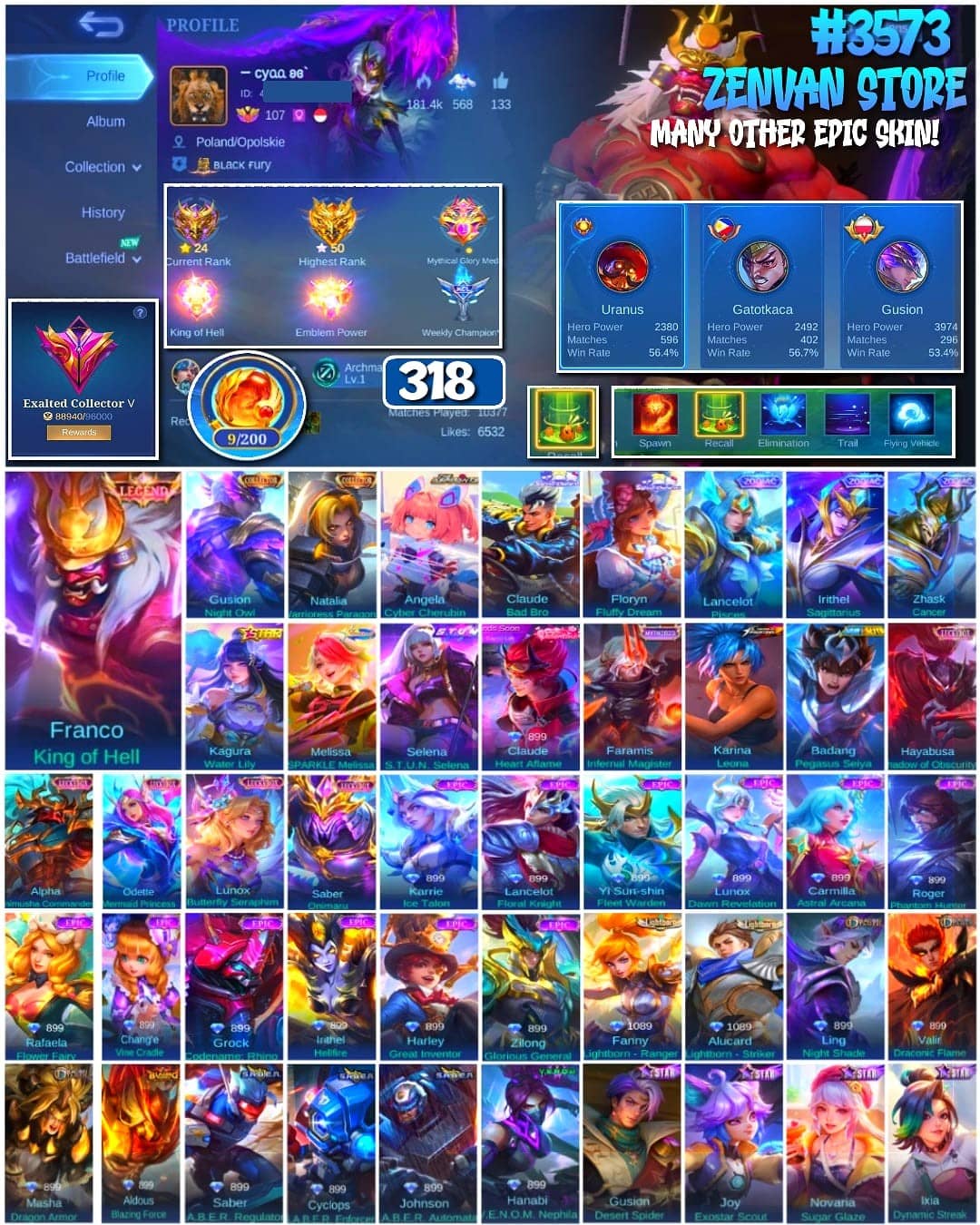 🔥 #3573 🔥 318 Skins 💎 Legend Franco 👑 Collector Gusion & Natalia ⚔️ Aspirant Angela ⭐ Sanrio Claude & Floryn 🌟 Many Limited 🎯 Many Zodiacs ✅