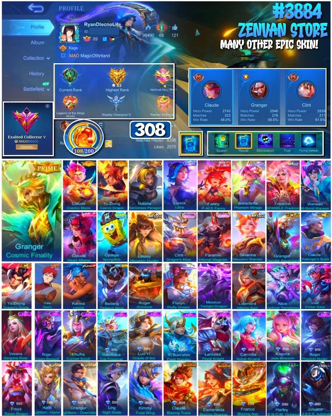 Foto akun ML #3884 🔥 308 Skins 🔥 Prime Granger, Claude & Yu Zhong 🔥 Collector Natalia 🔥 M World Wanwan 🔥 SpongeBob 🔥 Transformer 🔥 Many Limited 🔥 Many Zodiac 🔥 Many Epic 🔥 Safe Account ✅ - gambar 1
