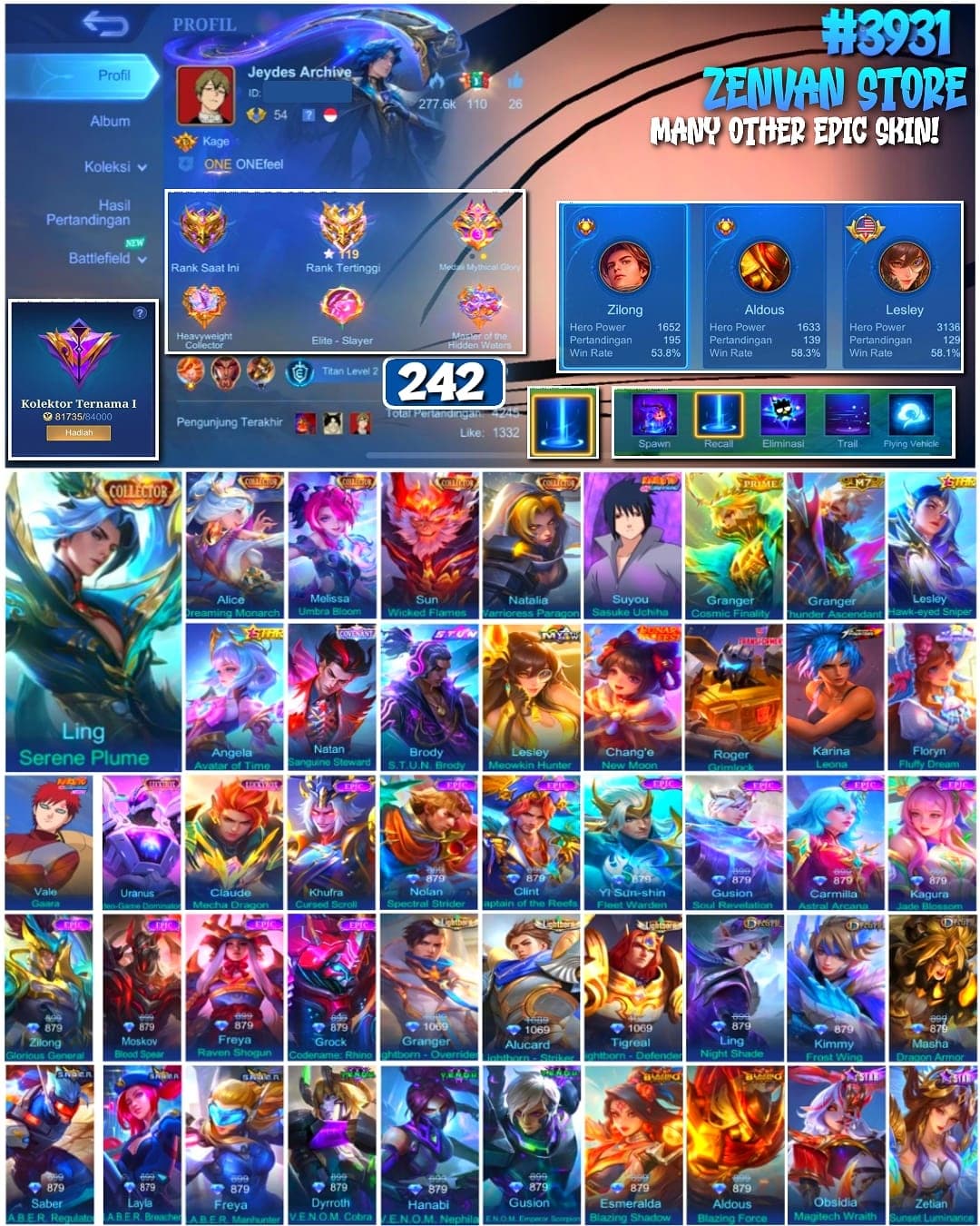 Foto akun ML #3931 🔥 242 Skins 🔥 LOGIN GOOGLE ONLY (Moonton Login Mati) 🔥 Collector Ling, Alice, Melissa, Sun & Natalia 🔥 Sasuke 🔥 Vale Gaara 🔥 KoF Karina 🔥 Prime Granger 🔥 Transformer Roger 🔥 Many Limited 🔥 Many Zodiac 🔥 Many Epic 🔥 Safe Account ✅ - gambar 1