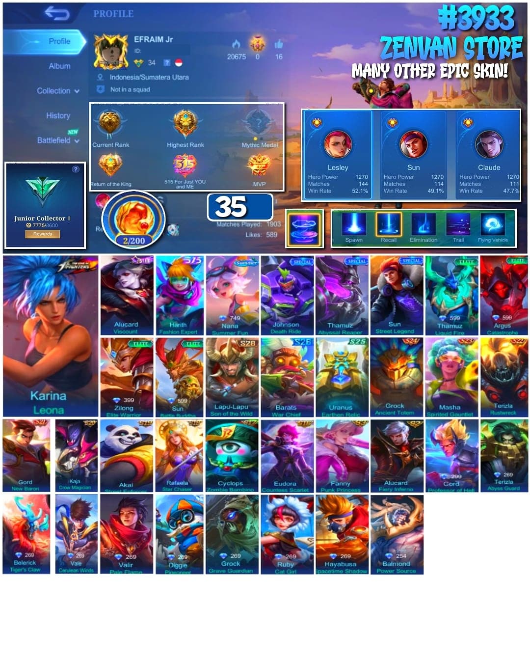 Foto akun ML #3933 🔥 35 Skins 🔥 KoF Karina 🔥 Many Special 🔥 Many Epic 🔥 Safe Account ✅ - gambar 1