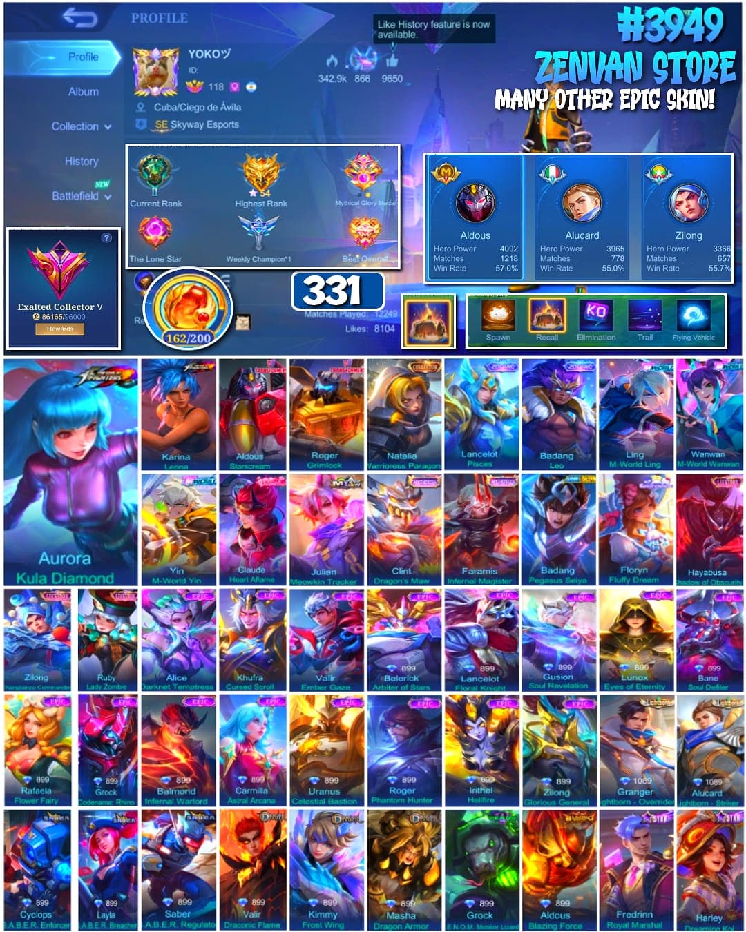 Foto akun ML #3949 🔥 331 Skins 🔥 Collector Natalia 🔥 Transformer Roger & Granger 🔥 KoF Aurora & Karina 🔥 Full M World 🔥 Many Limited 🔥 Many Zodiac 🔥 Many Epic 🔥 Safe Account ✅ - gambar 1