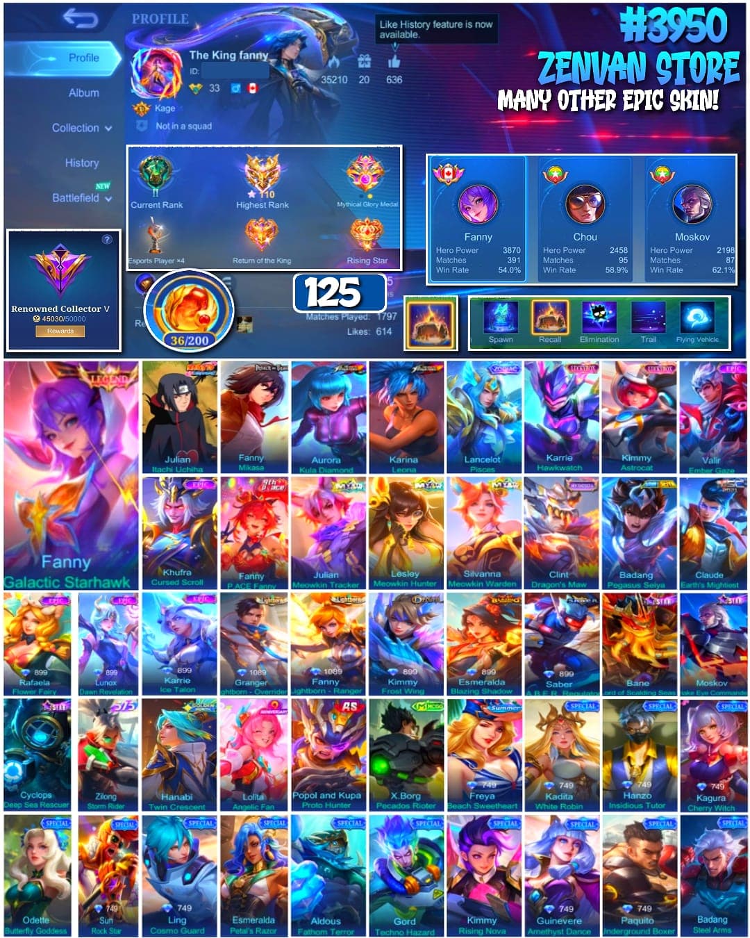 Foto akun ML #3950 🔥 125 Skins 🔥 Legend Fanny 🔥 Itachi 🔥 Attack on Titan Mikasa 🔥 KoF Aurora & Karina 🔥 Many Limited 🔥 Many Zodiac 🔥 Many Epic 🔥 Safe Account ✅ - gambar 1
