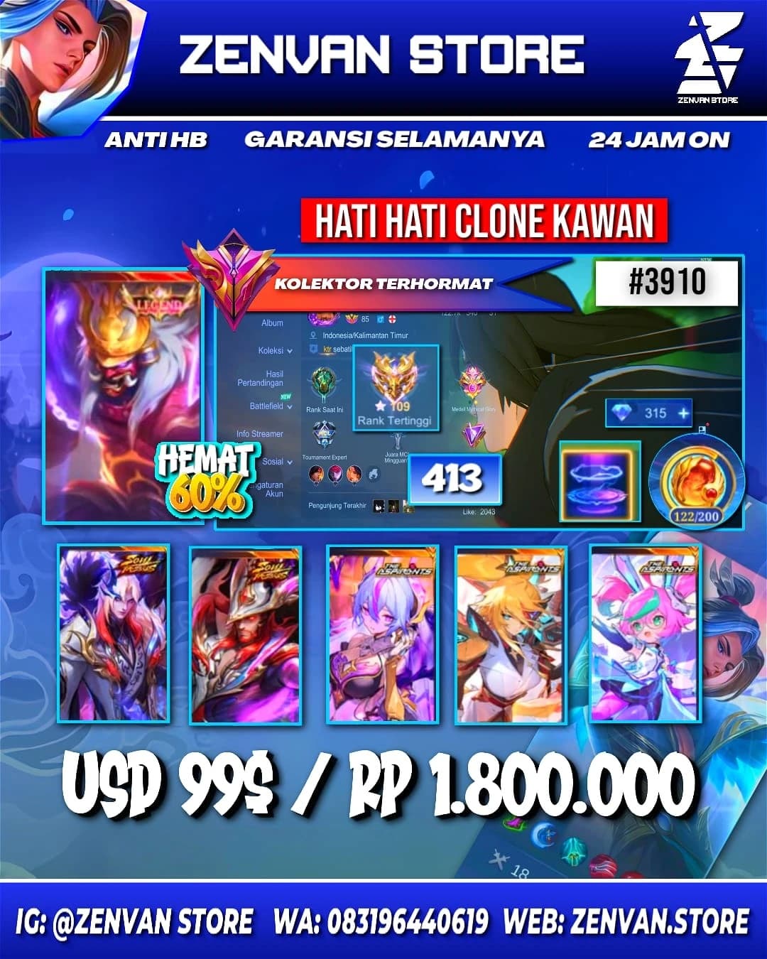 #3910 🔥 413 Skins 🔥 Legend Franco 🔥 Collector Tigreal, Yin Shun Shin & Natalia 🔥 Soul Valls Clint 🔥 Itachi 🔥 Aspirant Vexana, Lesley, Chang'e & Layla 🔥 Prime Granger, Yu Zhong & Beatrix 🔥 SpongeBob & Petrix 🔥 Many Limited 🔥 Many Zodiac 🔥 Many Epic 🔥 Safe Account ✅