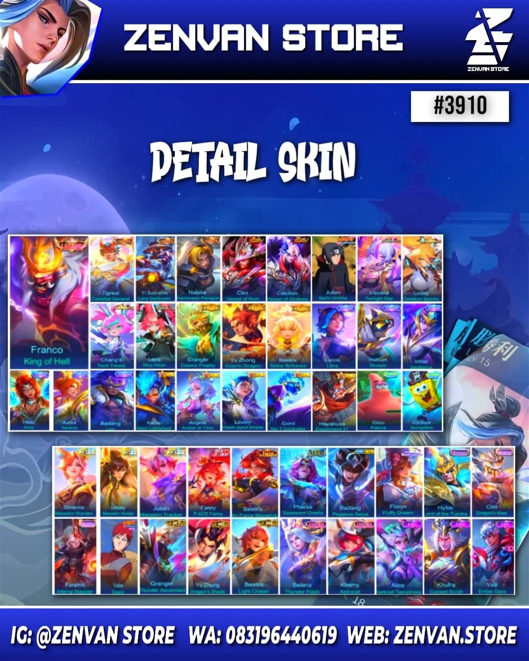 Thumbnail 2 akun ML #3910 🔥 413 Skins 🔥 Legend Franco 🔥 Collector Tigreal, Yin Shun Shin & Natalia 🔥 Soul Valls Clint 🔥 Itachi 🔥 Aspirant Vexana, Lesley, Chang'e & Layla 🔥 Prime Granger, Yu Zhong & Beatrix 🔥 SpongeBob & Petrix 🔥 Many Limited 🔥 Many Zodiac 🔥 Many Epic 🔥 Safe Account ✅