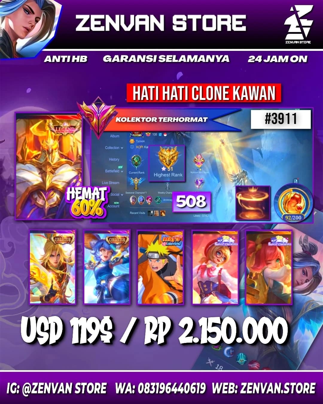 #3911 🔥 508 Skins 🔥 Legend Jhonson 🔥 Collector Xavier, Nana & Natalia 🔥 Naruto 🔥 Sanrio Angela, Chang'e & Floryn 🔥 Prime Granger, Claude & Yu Zhong 🔥 SpongeBob 🔥 KoF Karina 🔥 Many Limited 🔥 Many Zodiac 🔥 Many Epic 🔥 Safe Account ✅