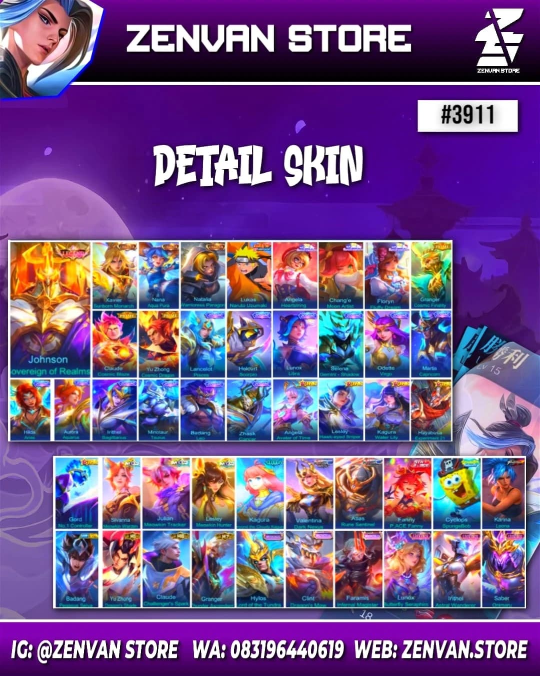 Thumbnail 2 akun ML #3911 🔥 508 Skins 🔥 Legend Jhonson 🔥 Collector Xavier, Nana & Natalia 🔥 Naruto 🔥 Sanrio Angela, Chang'e & Floryn 🔥 Prime Granger, Claude & Yu Zhong 🔥 SpongeBob 🔥 KoF Karina 🔥 Many Limited 🔥 Many Zodiac 🔥 Many Epic 🔥 Safe Account ✅