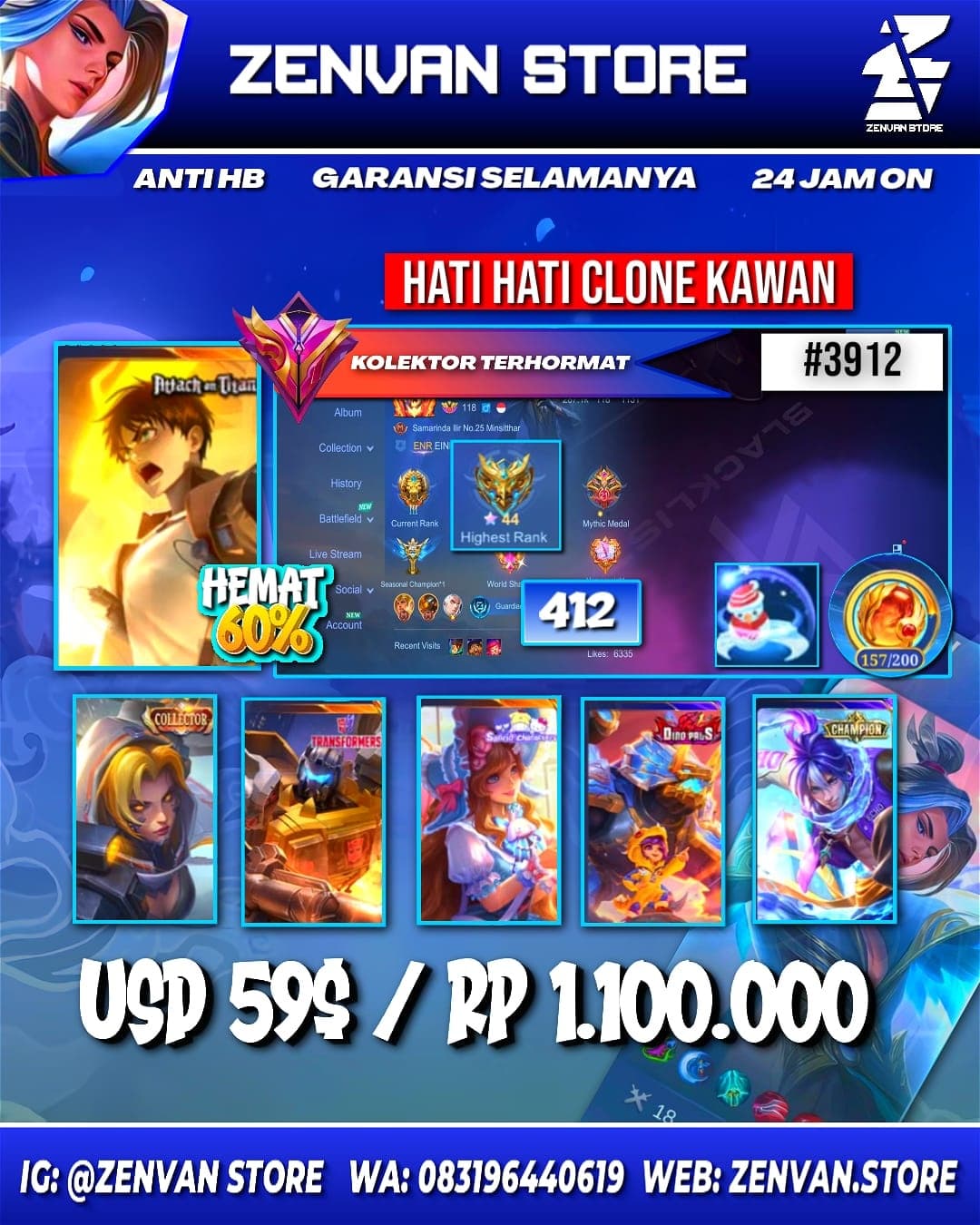 Foto akun ML #3912 🔥 412 Skins 🔥 Collector Natalia 🔥 Attack on Titan Eren 🔥 SpongeBob 🔥 Transformer Roger 🔥 KoF Karina 🔥 Many Limited 🔥 Many Zodiac 🔥 Many Epic 🔥 Safe Account ✅ - gambar 1